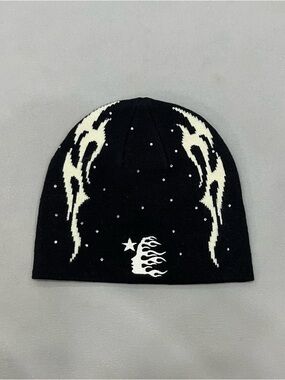 Black Beanie Hat with White Flame Knit Design